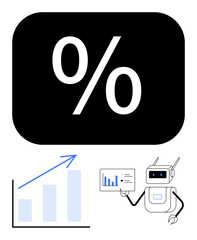Robot points to a chart with growth data, showing upward trends and percentage sign. Ideal for finance, investment, growth, data analysis, technology, AI and education. Flat simple metaphor