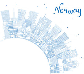 Fototapeta premium Outline Norway city skyline with blue buildings and copy space. Concept with historic and modern architecture. Norway cityscape with landmarks. Oslo. Stavanger. Trondheim. Bergen.