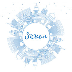 Outline Szczecin Poland city skyline with blue buildings and copy space. Szczecin cityscape with landmarks. Travel and tourism concept with modern and historic architecture.