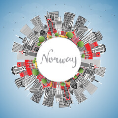 Norway city skyline with gray buildings, blue sky and copy space. Concept with historic architecture. Norway cityscape with landmarks. Oslo. Stavanger. Trondheim. Bergen.