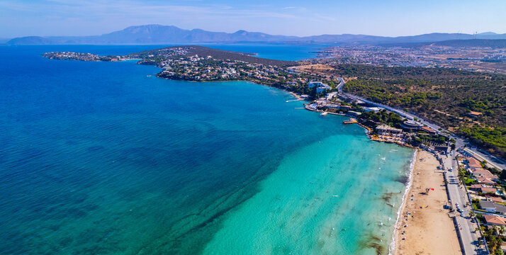 Ilica Beach in Alacati. Cesme District, Izmir, Turkey. Beautiful turquoise sea view in Cesme. Drone shot.