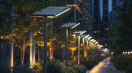 Fototapeta premium Solar powered streetlights illuminate a park pathway at twilight