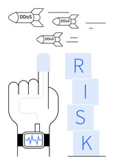 Hand with monitoring device, stacked RISK blocks, and DDoS-attack missiles in motion. Ideal for cybersecurity, risk management, digital threats, system vulnerabilities, online protection, IT