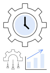 Gear with clock symbolizing efficiency, processes guiding people, and upward graph signifying progress. Ideal for productivity, planning, strategy, teamwork, growth, success flat simple metaphor