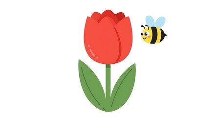 Happy Bee Visits Vibrant Red Tulip Springtime Delight AI Generated