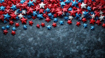 Fototapeta premium Red, white, and blue glitter stars on dark textured background