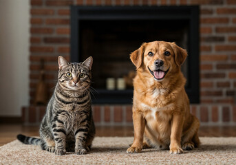 funny friends cat and dog sitting next to each other . Generative AI