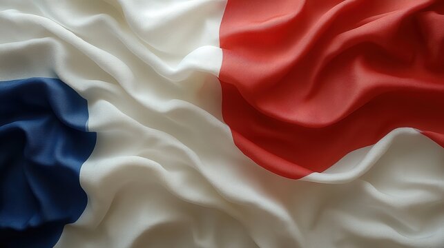 Close-up of silky French flag fabric with red, white, and blue colors