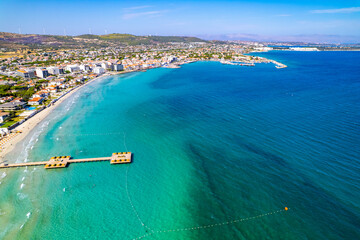 Ilica Beach in Alacati. Cesme District, Izmir, Turkey. Beautiful turquoise sea view in Cesme. Drone shot.