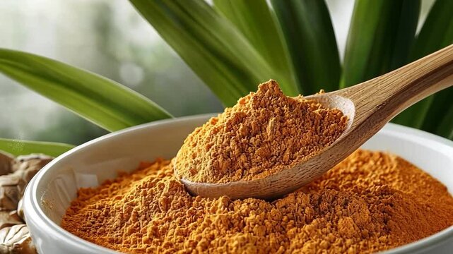 Vibrant bowl of healthy turmeric powder with wooden spoon, showcasing natural spice and fresh roots for nutritious lifestyle.