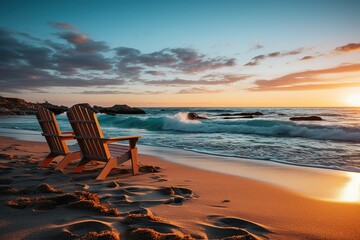 Aerial view of tranquil white sand beach with turquoise ocean waves at golden sunset, leaning coconut trees dotted coastline, tropical paradise vacation for travel, relaxation and holiday branding.