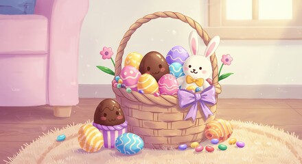 Pastel Easter Basket Delight A Sweet Springtime Illustration AI Generated