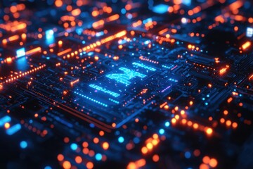 Futuristic glowing AI interface on an advanced circuit board