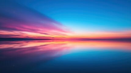 Obraz premium A stunning sunset reflects vibrant colors on calm water, blending shades of pink, blue, and orange in a serene atmosphere.