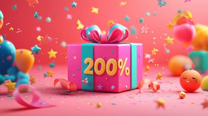 Festive Gift Box with 200% Discount in Colorful Celebration Scene