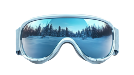 Ski goggles with reflective lenses isolated on transparent background, showcasing modern design, perfect for winter sports, skiing, snowboarding, and outdoor adventure projects