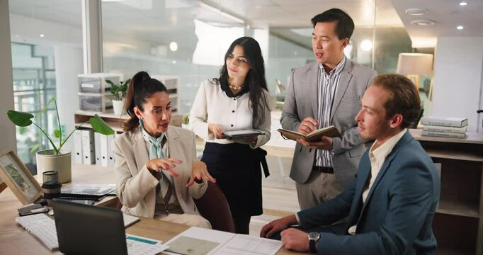 Finance, laptop and business people in office, meeting and planning for budget. Group, corporate training or employees in workplace, cooperation or pc with review for tax report, audit or support