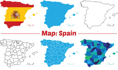 Maps of Spain Flag, Outline, and Regional Divisions, Spain country map set. internal provinces borders marked, Simple map of Spain vector drawing.