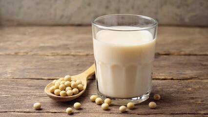 Soy Delight: A clear glass of creamy soy milk sits alongside a wooden spoon filled with soybeans, against the backdrop of a rustic wooden table.