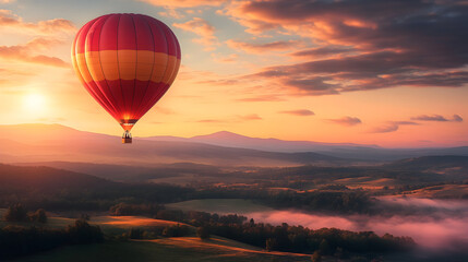 Obraz premium hot air balloon floating majestically over a scenic valley during sunrise 