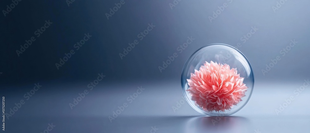 Poster 3d rendering of a spherical object with a pink flower inside. the object appears to be made of glass