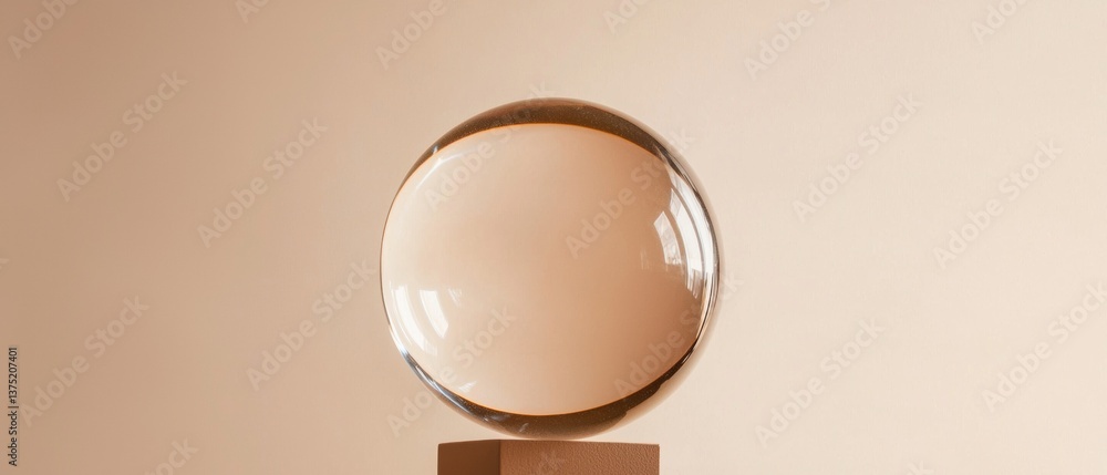 Poster photograph of a spherical object on a wooden base. the object appears to be made of glass or a simil