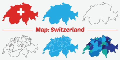 Switzerland map vector. High detailed vector outline, blue silhouette and administrative divisions map of Switzerland. All isolated on white background.