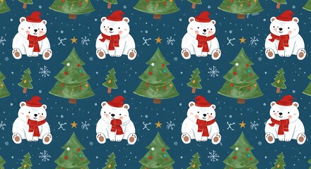 Charming Christmas Polar Bears Festive Pattern AI Generated