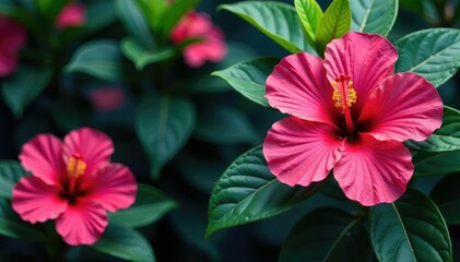 Bold blooming hibiscus, lush tropical leaves, vibrant repeat , floral, seamless