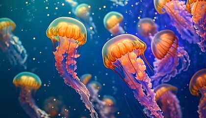 Magical Jellyfish Floating in Deep Ocean