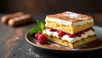 Classic Italian dessert, layers of coffee-soaked ladyfingers and mascarpone cream , food photography, white, coffee