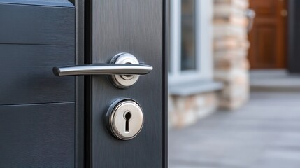 Exterior dark gray door with modern handle and lock