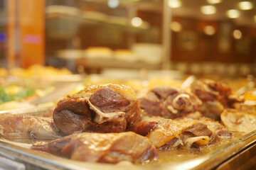 Juicy meat dishes displayed at a busy restaurant buffet