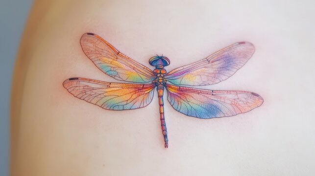 A colorful detailed tattoo featuring a dragonfly insect design
