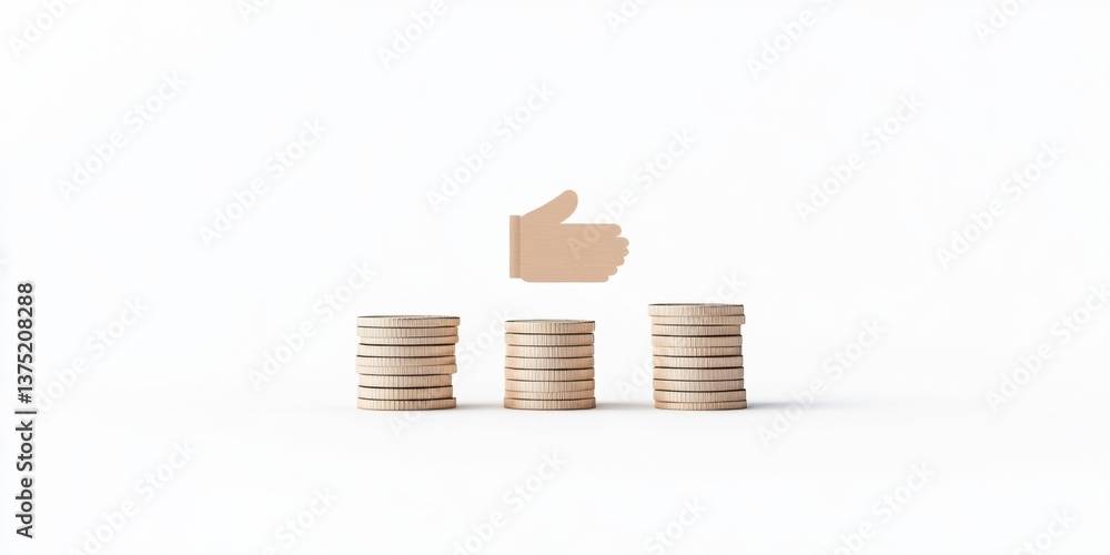 Poster three stacks of coins arranged in a horizontal line on a white background. the coins are of differen