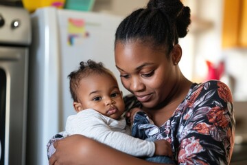 Fototapeta premium loving mother holding her baby in cozy kitchen, sharing tender moment together