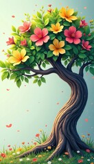 A curved family tree branch with leaves and flowers , unity, , harmony