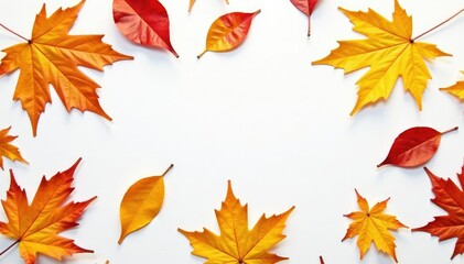 Fototapeta premium delicate autumn leaves scattered on white surface, isolation, whiteness, earthy