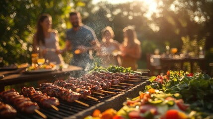 Outdoor Summer Barbecue with Friends Enjoying Food at Sunset