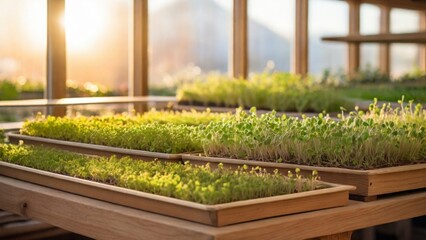 Urban microgreen farm.The microgreen in plastic trays.Baby leaves, phytolamp.Sprouting Microgreens on the Hemp Biodegradable Mats.Germination of seeds at home.Eco-friendly small business.

