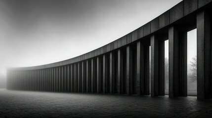 Obraz premium Curved Concrete Colonnade in Fog: A Monochromatic Architectural Study