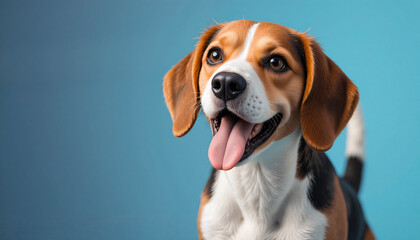 A happy Beagle with a broad smile and tongue hanging out, set against a smooth gradient blue background. Its tricolored fur is subtly illuminated.