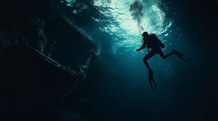 Scuba diver underwater in the dark blue ocean near a shipwreck, full body view, wide angle