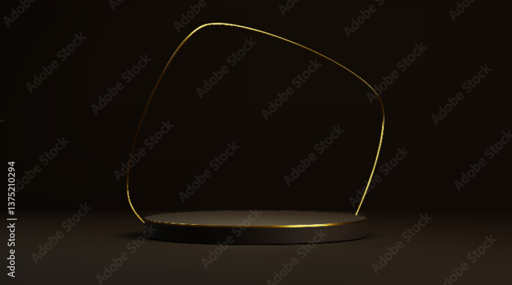 Poster gold line minimalist podium with elegant curved frame on dark background. black platform base with l