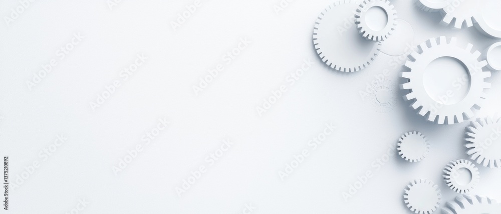 Aufkleber flat lay of multiple white gears on a plain white background. the gears are arranged in a scattered 