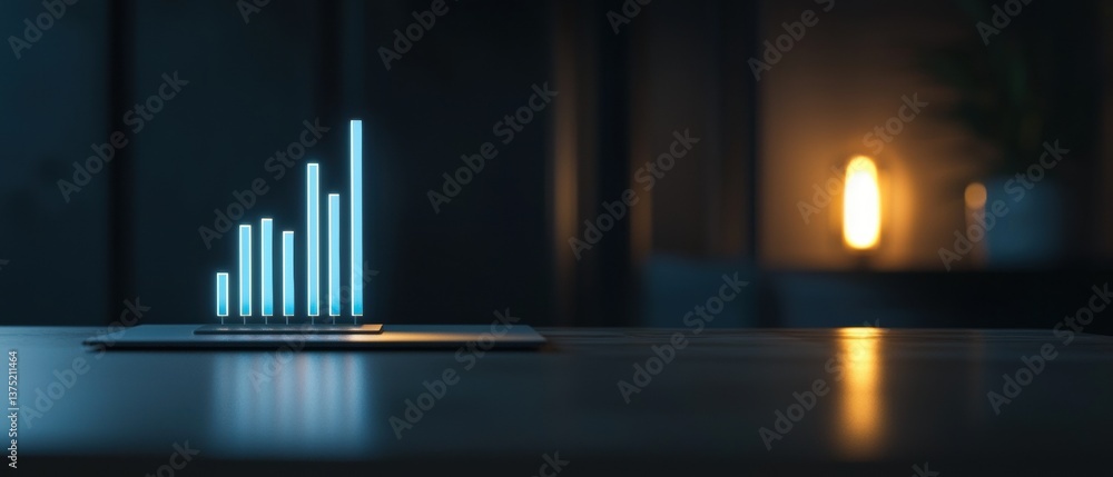 Poster 3d rendering of a bar graph on a black surface. the bar graph is made up of multiple vertical lines 