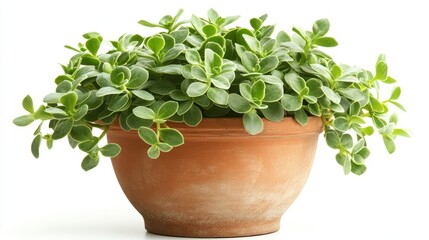 Fototapeta premium A healthy green plant sits inside of a brown terracotta pot