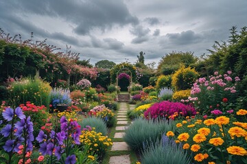 Obraz premium Lush Flower Garden Under Soft Overcast Sky