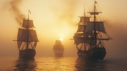 Majestic Sailing Ships at Golden Hour