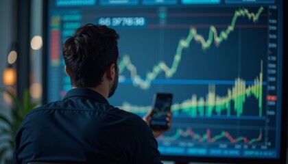 Zoomed in shot of an economist analyzing GDP growth data, back view.